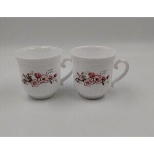 Set of 2 Vintage Arcopal France White Tea Cups With Pink Flowers